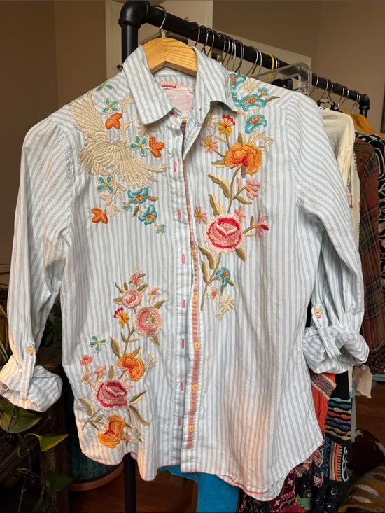 Johnny Was Tops - Johnny Was Light Blue & White Striped Embroidered Floral Button-Up Blouse